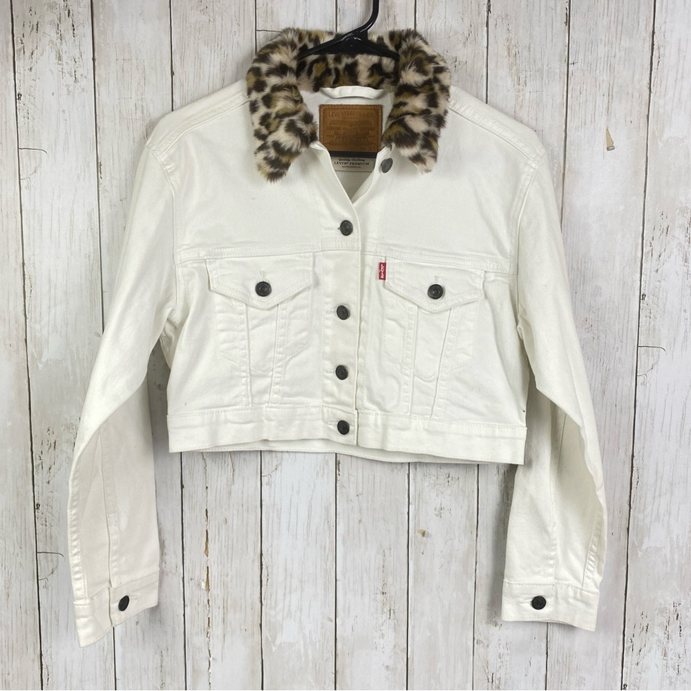 Levi’s White Denim Cropped Jacket Faux Fur Leopard Collar Size XS